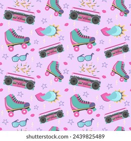 Seamless pattern in 90 style. Tape recorder, roller skates, glasses and bubble gum in flat design. Attributes of pop culture of the 90s. Vector illustration. 
