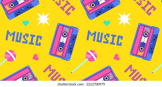 Seamless pattern of the 90s, 80s. Retro cassette, music, lollipop, sucking candy and pixels. 8 bit letters