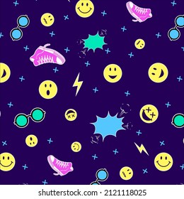 Seamless pattern in the 90s aesthetic with bright colorful pop art objects: emoticons, speech bubbles, plus, crosses and sneakers. Summer neon vector background.