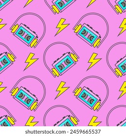 Seamless pattern with 90s elements. Cassette player with headphones from the 90s in a modern flat style. 