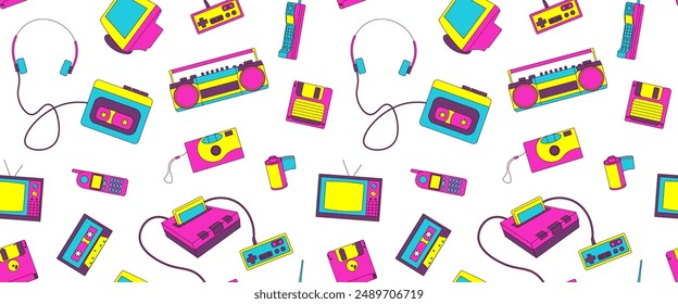 Seamless pattern with 90s retro elements, gadgets