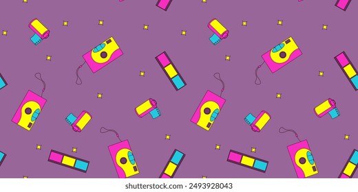 Seamless pattern with 90s retro elements, photo objects on a purple background