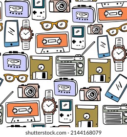 Seamless pattern of 90s stuff for nostalgia isolated on white background.