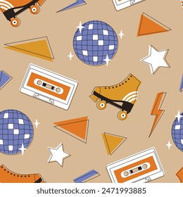 Seamless pattern 90s style. Bright elements on beige background. Cute multicolor vintage elements. Roller skates, audio cassette and disco ball. Retro colors. Vector illustration in flat style.