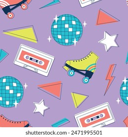 Seamless pattern 90s style. Bright elements on purple background. Cute neon multicolor elements. Roller skates, audio cassette and disco ball. Vector illustration in flat style. 