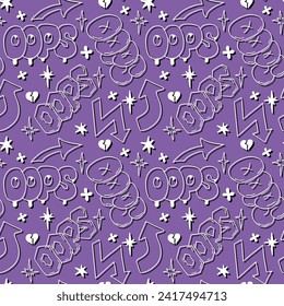 Patrón sin foco en el estilo de los años 90 con palabras de doodle sobre fondo morado. Palabras dibujadas a mano en burbujas, estilo graffiti al estilo de la calle. Perfecto para textiles modernos, pancarta, papel de envoltura