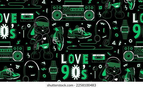 Seamless pattern in 90s, y2k aesthetics. Vector illustration in black and green cyberpunk style