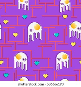 Seamless pattern "a Fragment of a computer game in a maze with a stylized eggs and hearts". Used for printing on paper, fabric, packaging