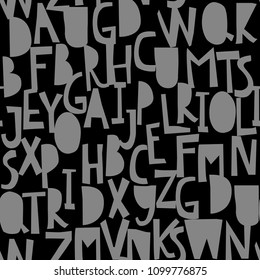 Seamless pattern with abc or alphabet. Hand drawn letters dark, black white hand cutted cups uppercase letters Kids Scandinavian design Vector illustration stock vector.