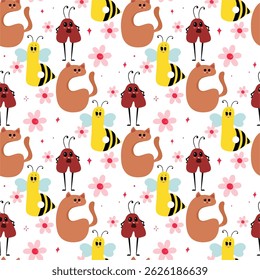 seamless pattern with abc ant cats and bee illustration art