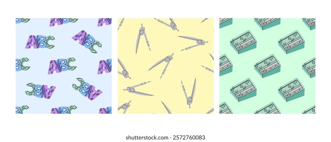 Seamless pattern with ABC letters, compasses and sharpeners on pastel background

