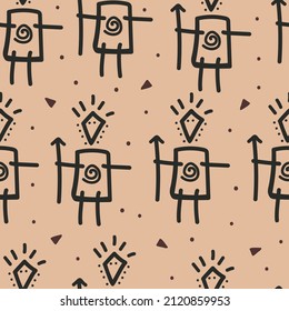 Seamless pattern with aborigines. Tribal vector pattern. Nascal art illustration. 