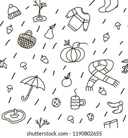 Seamless pattern about autumn with pumpkin, hat, sweater, scarf, umbrella, boots, coffee, basket, mushrooms, pear, apple cookies, acorns, rowan, tree, boat and lettering. Vector illustration.