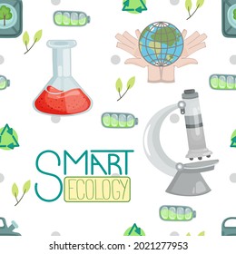 Seamless pattern about ecology, green science, saving our planet with the image of a microscope, a retort and a globe. Vector illustration in cartoon flat style for backgrounds