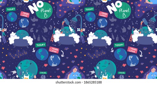 Seamless pattern about ecology. Lettering composition There is no planet B. Girl hugging planet. Waste problem. Plastic and environmental pollution, rubbish. Sad Earth characters. Purple space.