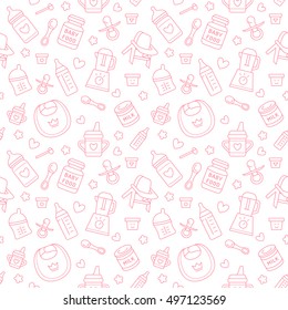 Seamless pattern about kids food, pastel color vector illustration. Infant feeding thin line icons. Cute repeated pink texture for packaging, baby shower card, fabric. Birthday invitation design