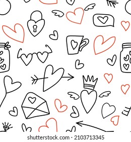Seamless pattern about love. Doodle style on a white background with black and red elements. Pattern includes heart, arrow, glasses, cup, key, speech bubble, ring, wings, jar of hearts, crown. Vector.