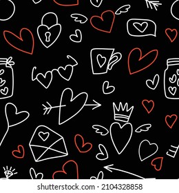 Patrón sin foco sobre el amor. Estilo Doodle sobre un fondo negro con elementos blancos y rojos. El patrón incluye corazón, flecha, gafas, taza, llave, burbuja de habla, anillo, alas, frasco de corazones, corona. Vector.
