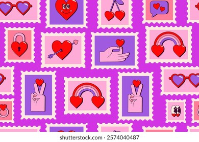 Seamless pattern about love with postage stamps. Pattern in retro style. Glasses, lock, cherries in shape ofheart, hands holding heart, eyes, speech bubble, rainbow, wedding ring, heart and arrow. 