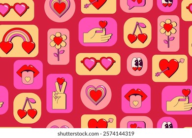 Seamless pattern about love. Pattern in retro style. Heart, rainbow, flower, eyes, speech bubble, heart with arrow, cherries and glasses in the shape of heart. Vector illustrations of romantic objects