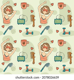 Patrón sin foco sobre la rutina matutina con una chica, una taza, campanas, un reloj despertador, una ducha al estilo de las caricaturas.