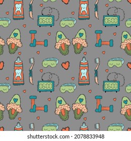 Seamless pattern about morning routine with toothpaste and toothbrush, alarm clock and house slippers in cartoon style.