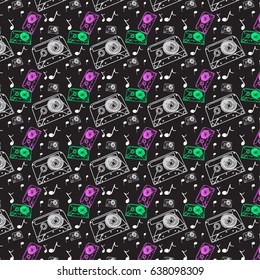 seamless pattern about music, black pattern with audio cassettes