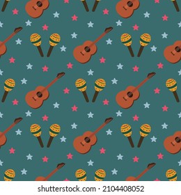Seamless pattern about music instruments maracas and guitar