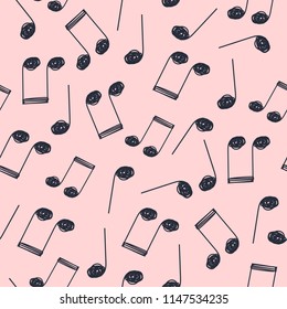 Seamless pattern about music on pink background. Abstract vector illustration of notes and symbols.
