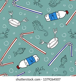 Seamless pattern about ocean pollution with plastic. The extinction and suffering of marine animals from water pollution. Elements of design on the ecological theme. Vector.