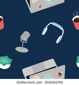 Seamless pattern about online education and communication. Blue background contains laptop, headphones, microphone, houseplant, coffee cup, stickers. Suitable for printing on fabric, paper or banner.