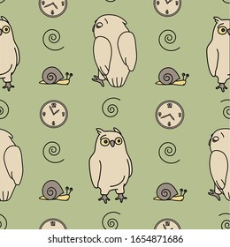 Seamless pattern about owls and time. Vector illustration. For children fabric, wrapping paper, wallpaper and cloth. Beige birds on a green background.