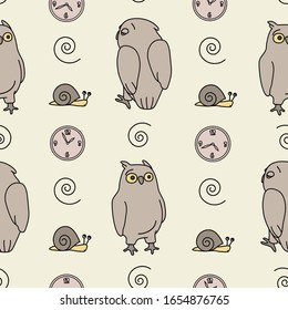 Seamless pattern about owls and time. Vector illustration. For children fabric, wrapping paper, wallpaper and cloth. Beige birds on a yellow background.