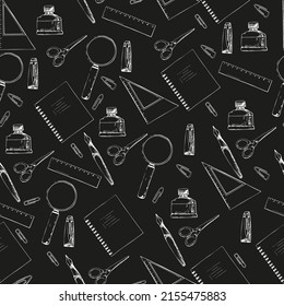 Seamless pattern with about school supplies in line style.School and education concept.