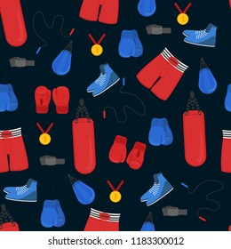Seamless pattern about sport on dark blue background. Vector illustration of boxing equipment and accessories.