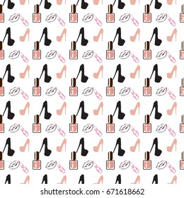 seamless pattern about woman with shoes and cosmetics.