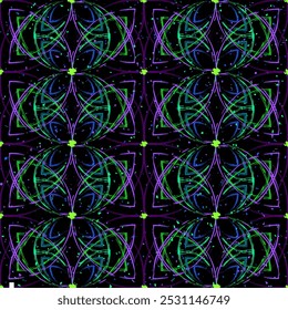 Seamless pattern with abstract 8 petal flower. Outline intersecting geometric shapes in grunge psychedelic style. Bright paint strokes on dark background. Neon colors.