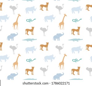 Seamless pattern with abstract African animals giraffe, elephant, rhino, emu, snake, crocodile, cheetah. Trendy safari texture for fabric, wrapping, textile, wallpaper, apparel. Pastel colors