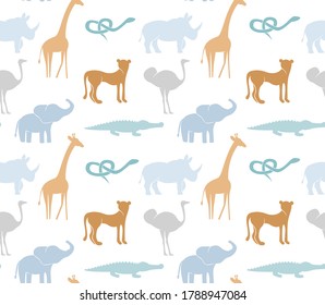 Patrón sin foco con jirafa abstracta de animales africanos, elefante, rinoceronte, emú, serpiente, cocodrilo, chita. Textura de safari de moda para tela, envoltura, textil, papel pintado, vestimenta. Colores pasteles