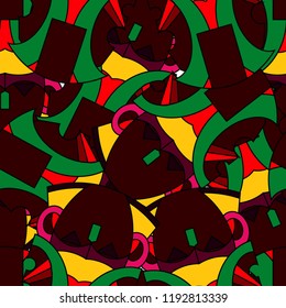 Seamless pattern with abstract african motifs, masks, orange, green, blue, brown colors