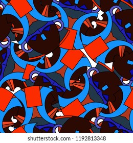 Seamless pattern with abstract african motifs, masks, orange, green, blue, brown colors