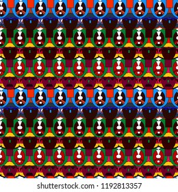 Seamless pattern with abstract african motifs, masks, orange, green, blue, brown colors