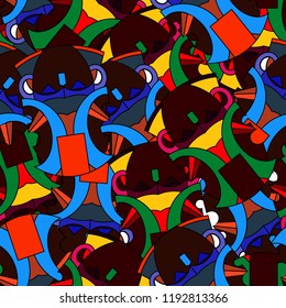 Seamless pattern with abstract african motifs, masks, orange, green, blue, brown colors