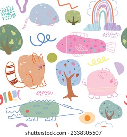 Seamless pattern with abstract animal, cute rainbow, bush, tree, geometric figure, doodle on white background. Vector illustration.