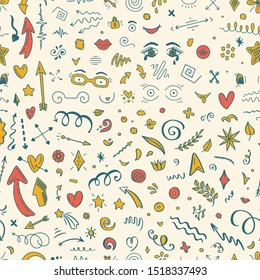 Seamless pattern with abstract arrows and other elements in hand drawn style for concept design. Doodle illustration. Funny background for kids fashion and textile. Vector template