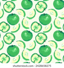 Seamless pattern with abstract art fruits apples and apple slices on o light background. Vector hand drawn sketch. Creative green shape apple textured patterned. Collage for designs, print