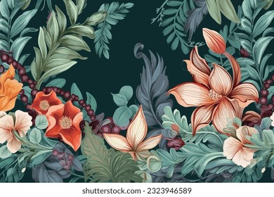 Seamless pattern, abstract art. Watercolor painting, children's wallpaper. Hand drawn plants. Palms, rainforest, leaves, flowers. modern Art. Prints, wallpapers, posters, cards, murals