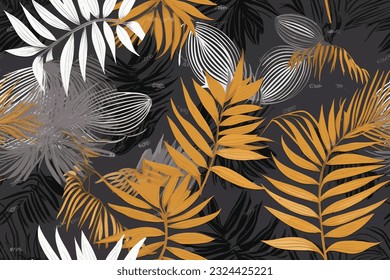 Seamless pattern, abstract art. Watercolor painting, children's wallpaper. Hand drawn plants. Palms, rainforest, leaves, flowers. modern Art. Prints, wallpapers, posters, cards, murals