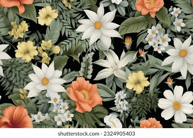 Seamless pattern, abstract art. Watercolor painting, children's wallpaper. Hand drawn plants. Palms, rainforest, leaves, flowers. modern Art. Prints, wallpapers, posters, cards, murals
