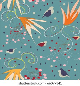 Seamless pattern with abstract  ashberry, leafs and birds